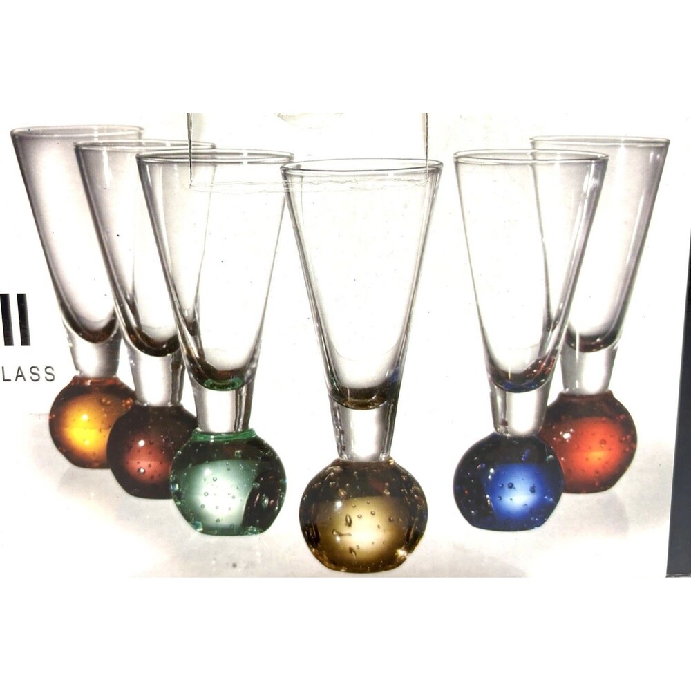 Circleware Fireball Multicolor V Shape Bubble Stem 2oz Shot Glasses Set of 6 NIB